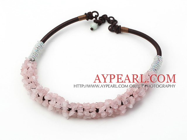 Beautiful 6*8Mm Rose Quartz Chips Beaded Necklace With Dark Brown Leather