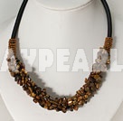 Nice 6*8Mm Tiger Eye Chips Beaded Necklace With Black Loops Cords