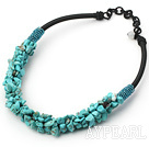 Beautiful 6*8Mm Turquoise Chips Beaded Necklace With Black Loops Cords