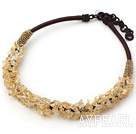 Wholesale Fashion 6*8Mm Citrine Chips Beaded Thick Brown Leather Loop Chain Necklace