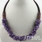 Fashion 6*8Mm Cluster Style Amethyst Chips Necklace With Loop Velvet Ropes