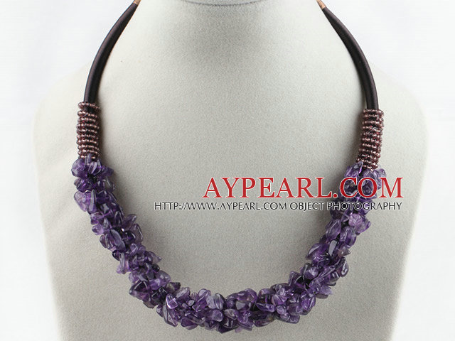 Fashion 6*8Mm Cluster Style Amethyst Chips Necklace With Loop Velvet Ropes