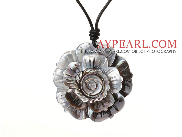 Delicate Beautiful Black Shell Flower Pendant Necklace With Black Leather And Lobster Clasp