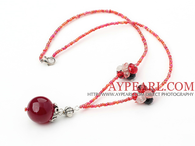 Lovely Pink Agate Ball Red Crystal And Rose Quartz Beaded Pendant Necklace