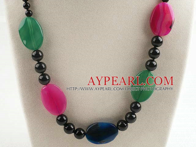 Elegant Black Round And Multi Color Oval Shape Agate Beaded Necklace 
