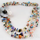 gorgeous three strand multi color stone chips necklace with shell flower