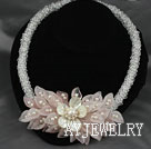 Wholesale Clear Crystal and White Freshwater Pearl and White Lip Shell and Rose Quartz Flower Party Necklace