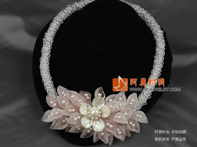 Clear Crystal and White Freshwater Pearl and White Lip Shell and Rose Quartz Flower Party Necklace