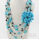Wholesale Big Style Multi Strand Pearl and Blue Turquoise Flower Necklace