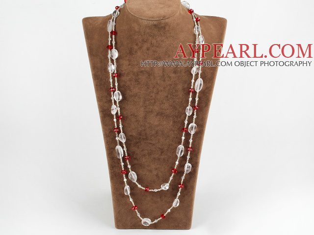 long style multi strand white and red crystal necklace