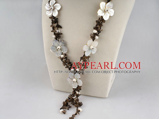 smoky quartze white pearl and shell flower necklace with jade clasp
