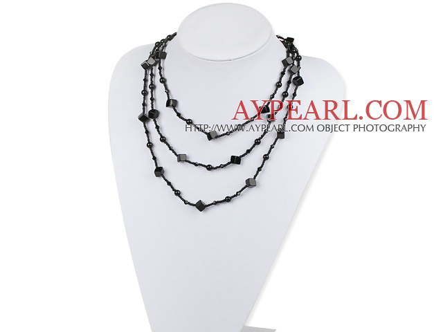 fashion long style multi strand black agate and crystal necklace
