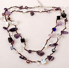 Wholesale Long Style Amethyst and Opal Stone and Clear Crystal and Black Agate Hand Knotted Necklace