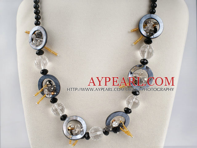 black agate crystal and shel necklace with extendable chain