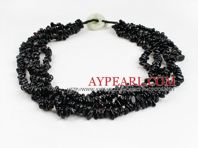 multi strand 5-6mm blackstone beaded necklace with jade clasp