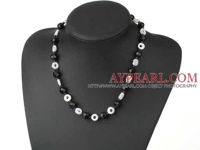 Elegant Round Garnet Black Crystal And White Lip Shell Strand Necklace