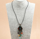 Wholesale Simple Retro Style Multi Color Agate Beads Tassel Pendant Necklace With Black Leather