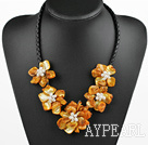 Elegant Golden Shell And White Freshwater Pearl 5 Flower Necklace With Black Twisted Leather Cords