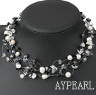 Multi Strand White And Black Pearl Chipped Stone And Crystal Strings Necklace