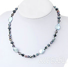 Fashion Blue Coin And Colorful Pearl Crystal Beaded Strand Necklace