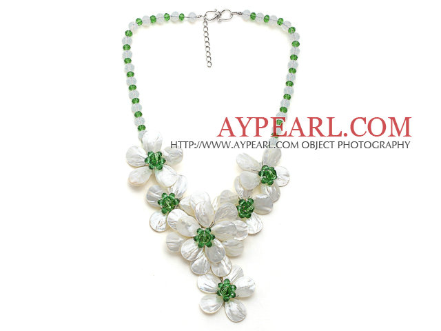 White and Green Series Opal Crystal and White Lip Shell Flower Party Necklace