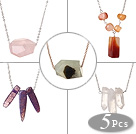 Wholesale 5 pcs Simple Design Agate and Crystal Pendant Necklace with Alloyed Thin Chain (random shape for stones)