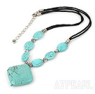 Elegant Oval And Rhombus Blue Turquoise Metal Charm Pendant Necklace With Black Cord