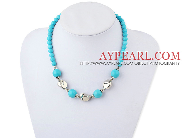 Fashion Round Blue Turquoise And Metal Charm Necklace With Moonight Clasp