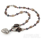 Lovely Round Garnet Black Freshwater Pearl And Smoky Quartz Heart Pendant Necklace