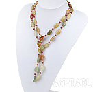Elegant Long Style Freshwater Pearl Crystal And Three-Colored Jade Necklace, Y Shape Sweater Necklace
