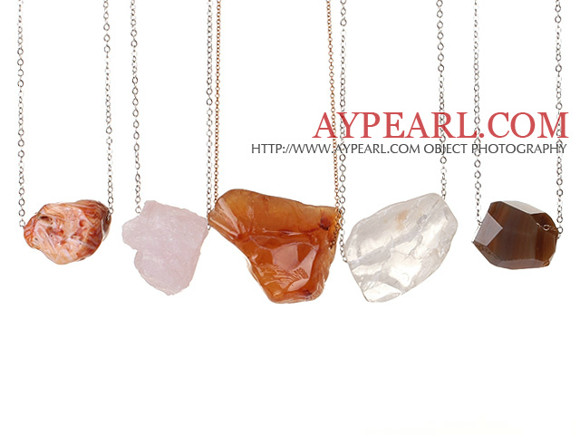 5 pcs Simple Design Irregualr Shape Agate and Crystal Necklace with Alloyed Thin Chain (random shape for stones)