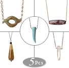 Wholesale 5 pcs Simple Design Agate and Crystal Pendant Necklace with Alloyed Thin Chain