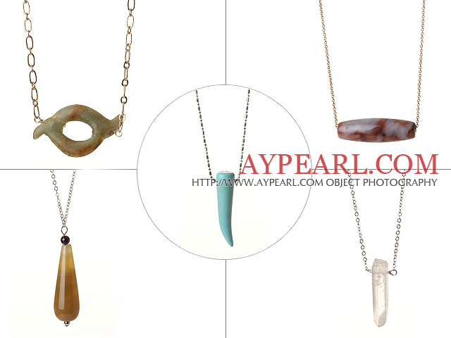 5 pcs Simple Design Agate and Crystal Pendant Necklace with Alloyed Thin Chain