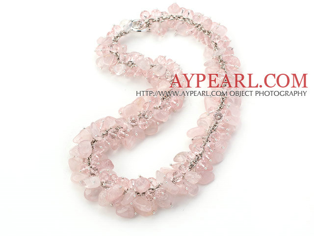 Pink Series Rose Quartz and Pink Glass Crystal Necklace with Metal Chain