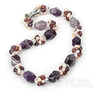 Fashion Freshwater Pearl Wine Red Crystal And Thick Amethyst Stone Necklace With Magnetic Clasp
