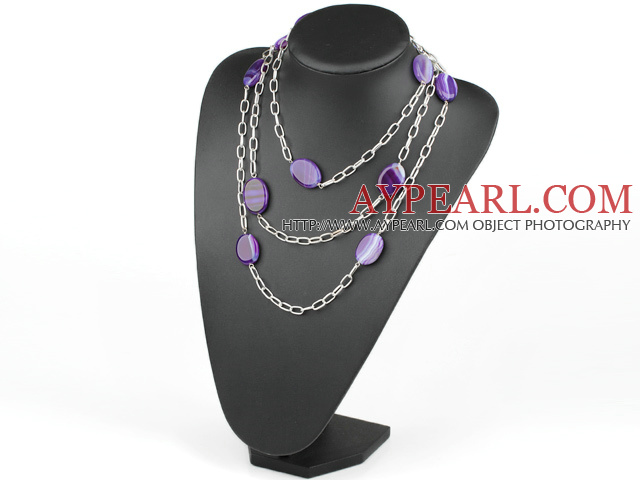 Fashion Long Chain Loop Style Natural Oval Purple Agate Necklace