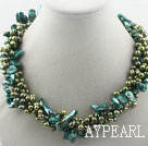 Multi Strands Dyed Green Freshwater Pearl and Teeth Shape Green Pearl Twisted Necklace