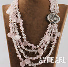 Wholesale multi strand white pearl and rose quartze necklace with abalone clasp