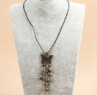 Wholesale Simple Retro Style Garnet Indian Agate Tassel Pendant Necklace With Black Leather & Butterfly Accessory