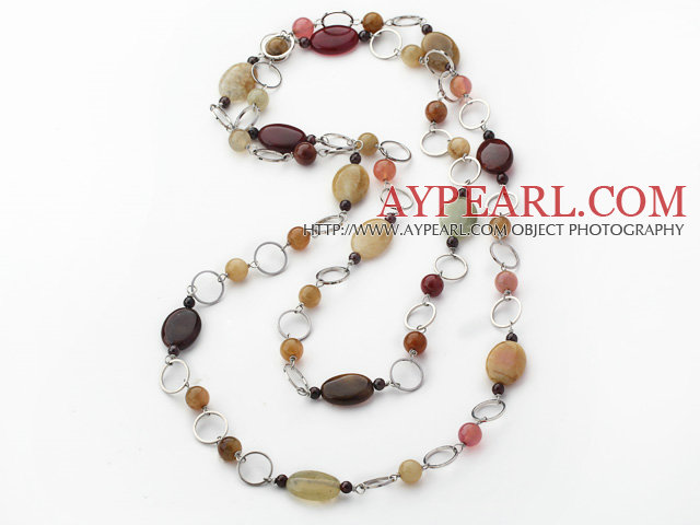 popular long style garnet and three color jade necklace