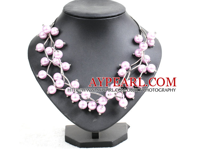 Trendy Style Multi Strand Light Pink Seashell Beads Twisted Necklace With Bending Alloyed Tube