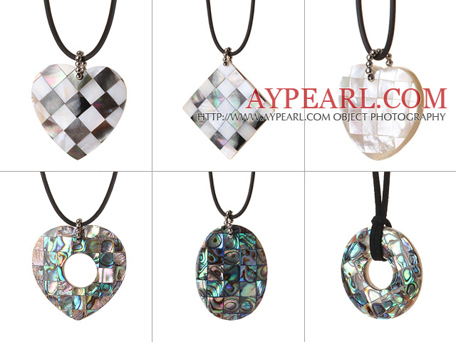 6 pcs Multi Shape Stitching Shell Pendant Necklace with Black Leather