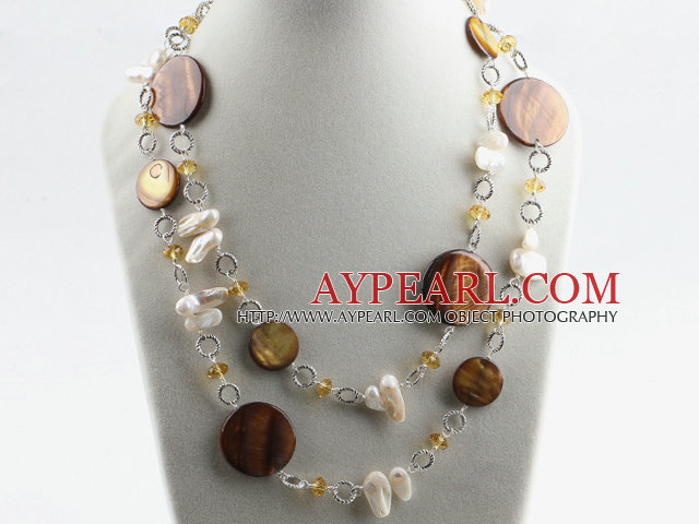 43.3 inches long style white teeth pearl shell and crystal necklace