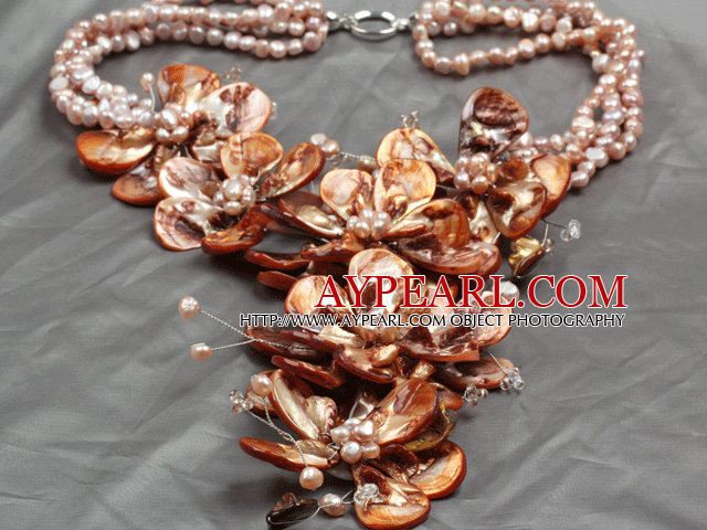 Aamzing Exaggerate Brown Freshwater Pearl and Shell Flower Oversized Statement Necklace