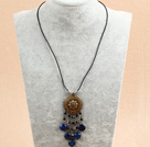 Wholesale Simple Retro Style Black Crystal Flat Round Lapis Tassel Pendant Necklace With Black Leather