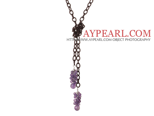 New Long Style Faceted Assorted Amethyst Beads Necklace with Leather Chain