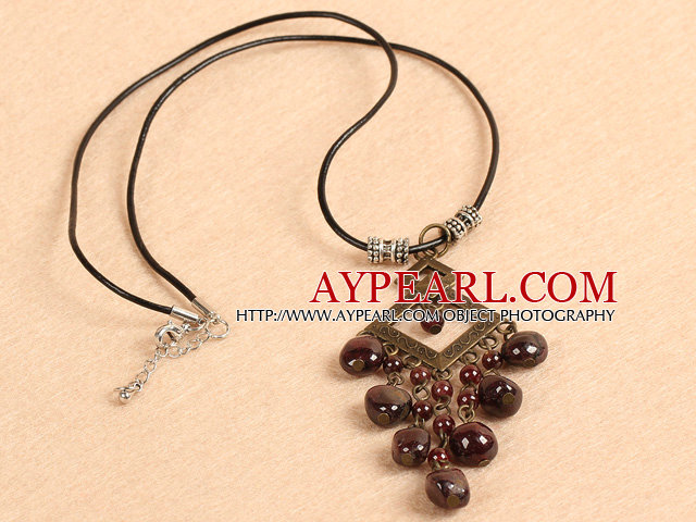 Simple Retro Style Chandelier Shape Garnet Beads Tassel Pendant Necklace With Black Leather