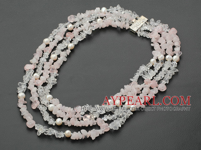 multi strand white crystal and rose quartze necklace