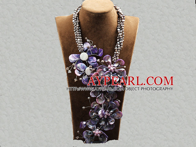 Aamzing Exaggerate Purple Freshwater Pearl and Shell Flower Oversized Statement Necklace