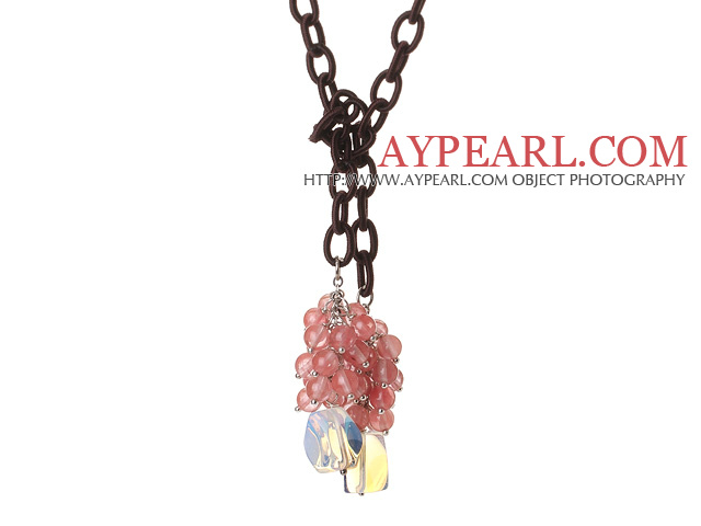 New Long Style Assorted Cherry Quartz Beads Necklace with Opal and Leather Chain